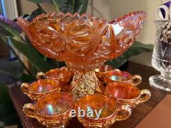 Vintage RARE Carnival Glass Imperial 474 Marigold Punchbowl & Pedestal + 8 cups
