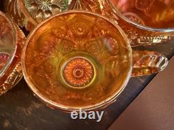 Vintage RARE Carnival Glass Imperial 474 Marigold Punchbowl & Pedestal + 8 cups