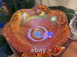 Vintage RARE Carnival Glass Imperial 474 Marigold Punchbowl & Pedestal + 8 cups