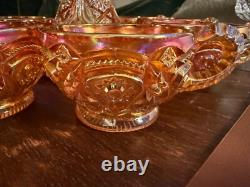 Vintage RARE Carnival Glass Imperial 474 Marigold Punchbowl & Pedestal + 8 cups