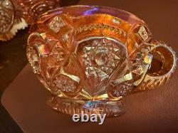 Vintage RARE Carnival Glass Imperial 474 Marigold Punchbowl & Pedestal + 8 cups