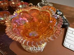 Vintage RARE Carnival Glass Imperial 474 Marigold Punchbowl & Pedestal + 8 cups