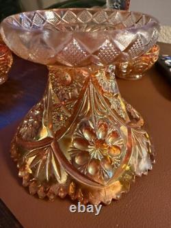 Vintage RARE Carnival Glass Imperial 474 Marigold Punchbowl & Pedestal + 8 cups