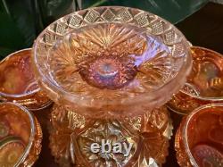 Vintage RARE Carnival Glass Imperial 474 Marigold Punchbowl & Pedestal + 8 cups