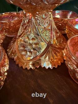 Vintage RARE Carnival Glass Imperial 474 Marigold Punchbowl & Pedestal + 8 cups