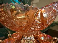 Vintage RARE Carnival Glass Imperial 474 Marigold Punchbowl & Pedestal + 8 cups