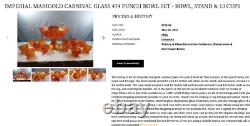 Vintage RARE Carnival Glass Imperial 474 Marigold Punchbowl & Pedestal + 8 cups