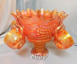 Vintage RARE Northwood Marigold Grapes And Cable Punch Bowl Cups Carnival Glass