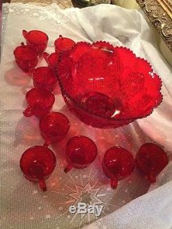 Vintage RUBY RED PUNCH BOWL LE SMITH DAISEY PANEL RED, RUBY, WITH CUPS NICE