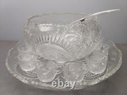 Vintage Radiant Daisy Star Pattern Glass Punch Bowl withUnderplate & 12 Cups