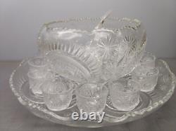 Vintage Radiant Daisy Star Pattern Glass Punch Bowl withUnderplate & 12 Cups