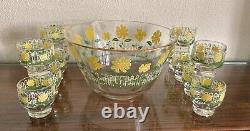 Vintage Rare MCM Culver Punch Bowl & 12 Glass White Picket Fence Daisies Yellow