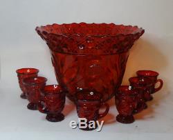 Vintage Red Wild Rose Punch Bowl and 7 Punch Cups No Base