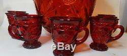 Vintage Red Wild Rose Punch Bowl and 7 Punch Cups No Base