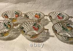 Vintage Retro French Glass Fruit Punch Bowl Cups Pear Cherry Motif Set of 6 RARE