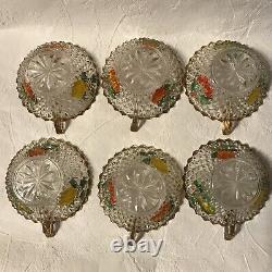 Vintage Retro French Glass Fruit Punch Bowl Cups Pear Cherry Motif Set of 6 RARE