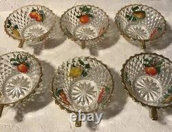 Vintage Retro French Glass Fruit Punch Bowl Cups Pear Cherry Motif Set of 6 RARE