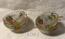 Vintage Retro French Glass Fruit Punch Bowl Cups Pear Cherry Motif Set of 6 RARE