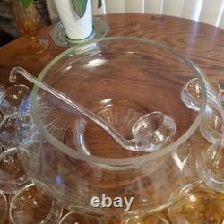 Vintage Riekes Crisa Modern Blown Glass Punch Bowl 23 Piece Set Mint Condition