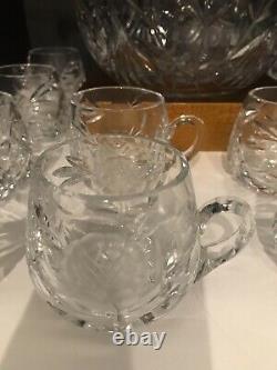 Vintage Round Crystal Punch Bowl With12 Cups