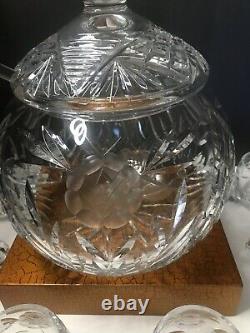 Vintage Round Crystal Punch Bowl With12 Cups