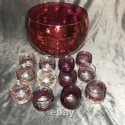 Vintage Ruby Flash Punch Bowl & 12-Cup Matching Set Ruby Red, Cranberry Glass