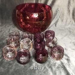 Vintage Ruby Flash Punch Bowl & 12-Cup Matching Set Ruby Red, Cranberry Glass