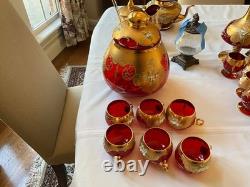 Vintage Ruby Red Murano Glass Punch Bowl Set With Ladle And 6 Cups
