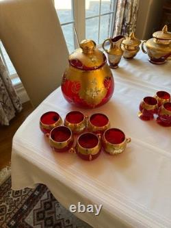 Vintage Ruby Red Murano Glass Punch Bowl Set With Ladle And 6 Cups