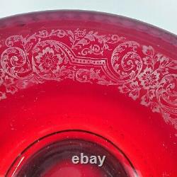 Vintage Ruby Red Punch Bowl & Candlestick Set- Paden City Ornate Floral Pattern