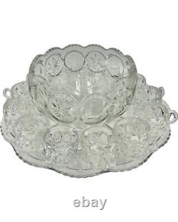 Vintage Set 15 Punch Bowl Set Clear Glass Starburst Party Holiday
