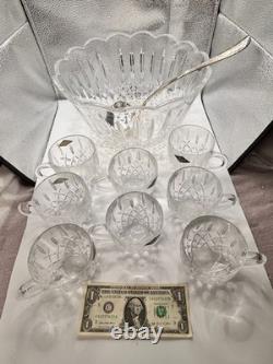 Vintage Shannon Crystal Punch Bowl With 8 Cups And Silver Plated Latle