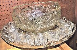 Vintage Slewed Horseshoe-radiant Daisy Punch Bowl, Underplate & 16 Punch Cups! L