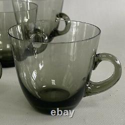Vintage Smoky Glass Lidded Punch Bowl Set, Ladle, 10 Glass Cups Mid Century MCM