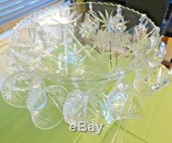 Vintage Star of David Crystal Punch Bowl Set with 12 cups and Ladle