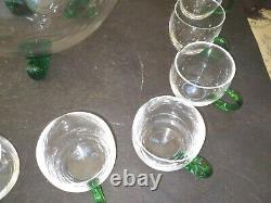 Vintage Sussmuth Hand-Blown Clear and Green Glass Punch Bowl and 10 Glasses