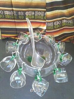 Vintage Sussmuth Hand-Blown Clear and Green Glass Punch Bowl and 10 Glasses