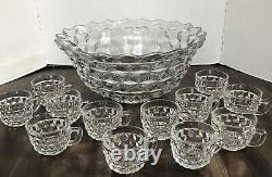 Vintage Textured Fostoria Glass Heavy 14 Punch Bowl & 12 Cups, Clear