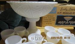 Vintage Thatcher McKee Concord Milk Glass Punch Bowl Set, 14 Pc in Original Box