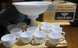 Vintage Thatcher McKee Concord Milk Glass Punch Bowl Set, 14 Pc in Original Box