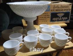 Vintage Thatcher McKee Concord Milk Glass Punch Bowl Set, 14 Pc in Original Box