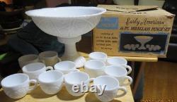 Vintage Thatcher McKee Concord Milk Glass Punch Bowl Set, 14 Pc in Original Box