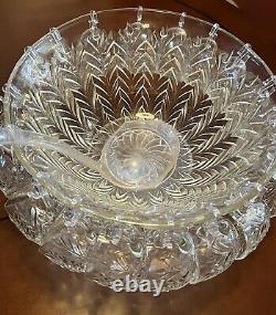 Vintage The Jeannette Glass Co Feather Crystal PunchBowl 39 Piece Set EUC