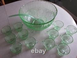 Vintage Tiara Chantilly Green Glass Punch Bowl with 12 Glasses