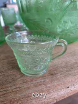 Vintage Tiara Chantilly Green Glass Punch Bowl with 12 Glasses