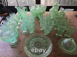 Vintage Tiara Chantilly Green Glass Punch Bowl with 12 Glasses