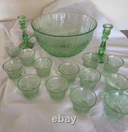 Vintage Tiara Chantilly Green Punch Bowl and 12 cups and 2 candle sticks