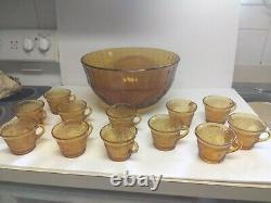 Vintage Tiara Glass Co. 9 Amber Sandwich Pattern Punch Bowl with 12 Cups