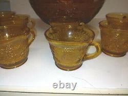 Vintage Tiara Glass Co. 9 Amber Sandwich Pattern Punch Bowl with 12 Cups