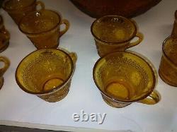 Vintage Tiara Glass Co. 9 Amber Sandwich Pattern Punch Bowl with 12 Cups